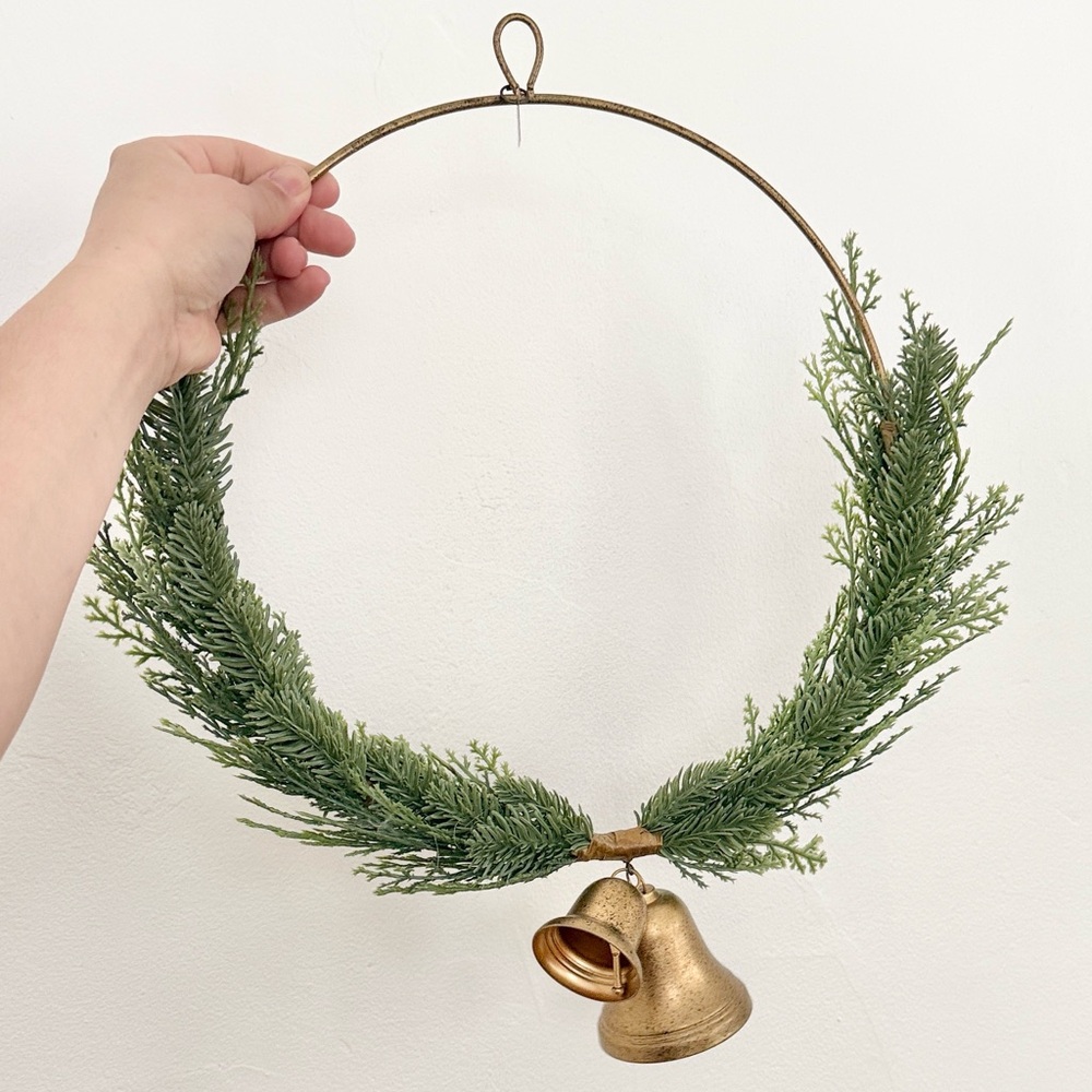 Magnolia faux pine wreath metal wire with gold painted bells wall hanging